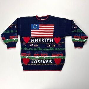 VTG America Forever Womens 3/4 Sleeve Sweater Loft Blue Sz S Flag USA Cotton